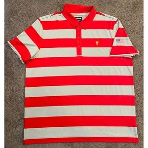 Men's 2017 Lacoste Sport Presidents Cup USA Red Gray Striped Polo Shirt